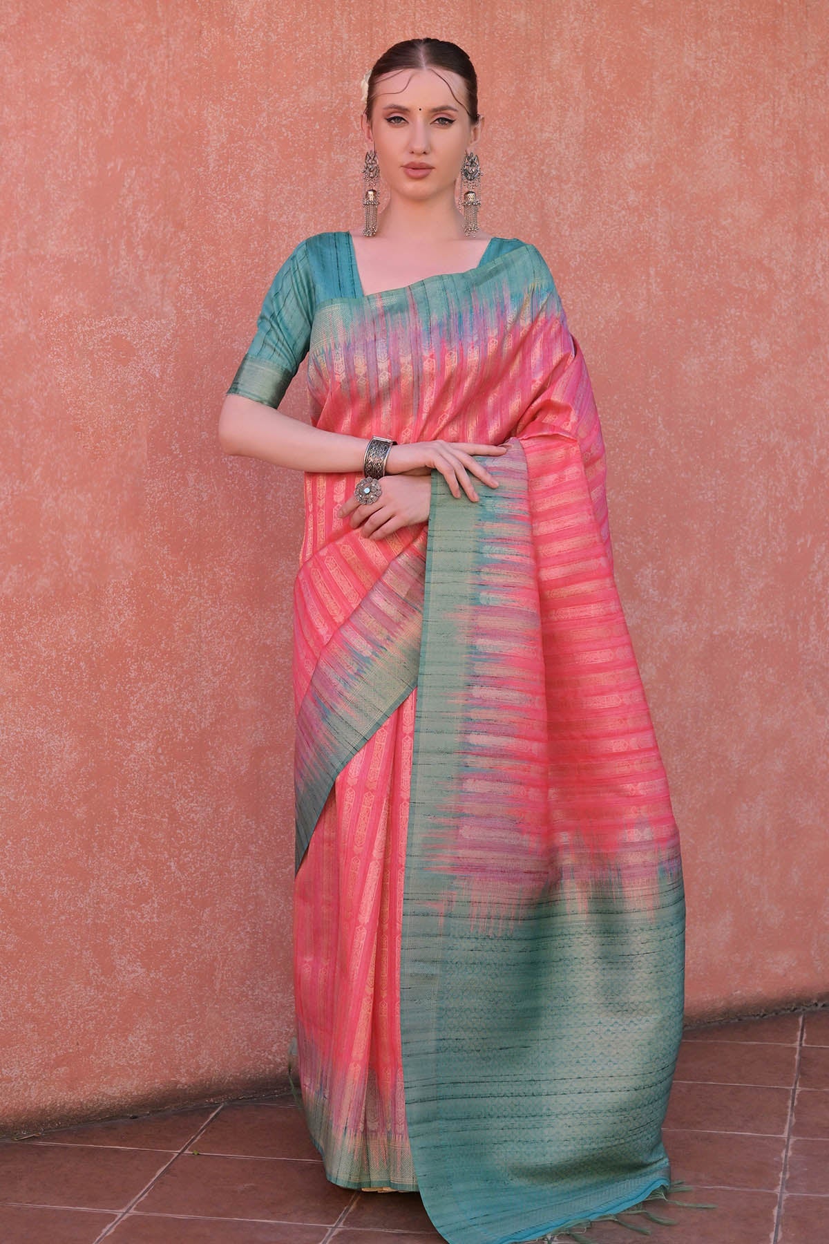 Buy Pink Tussar Silk Zari Saree by Lili Lala for women online at ScrollnShops